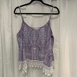 Jolt Purple and Pink Paisley Camisole with Lace Trim